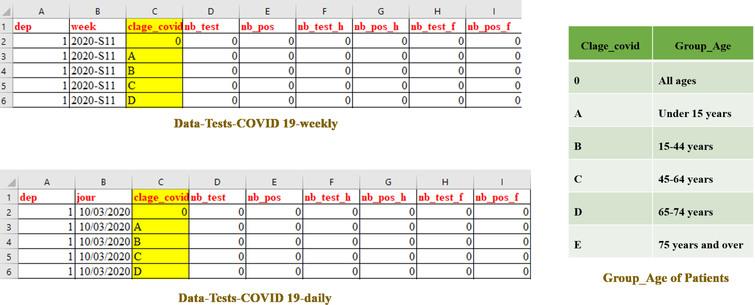 Excerpt from a daily and a weekly data file relating to the COVID-19 epidemic.