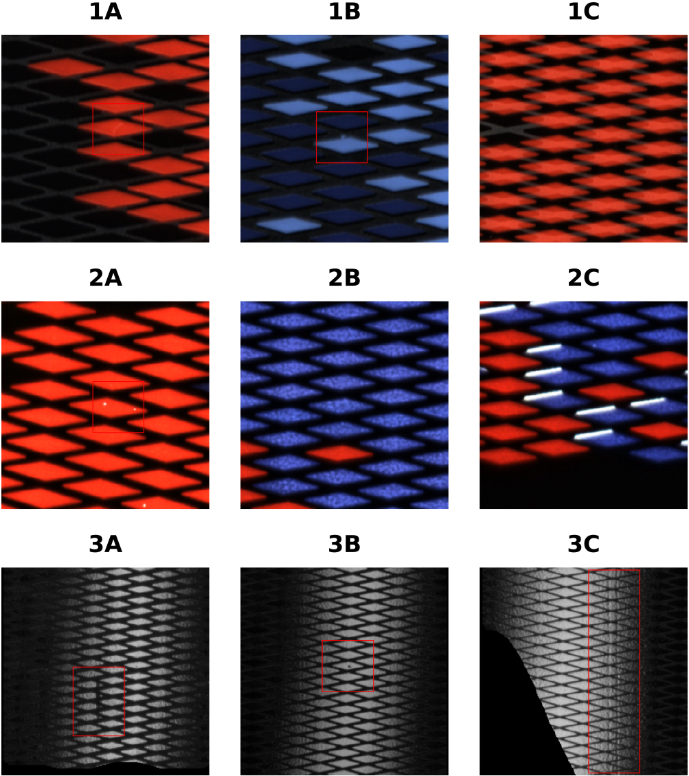 Visualized defective patches of selected production-related defect classes captured by means of the customized optical modalities. Each row corresponds to a modality, from top to bottom: Line Scan Modality 1, Line Scan Modality 2, Area Scan Modality. Depending on their spatial appearance, defects can be divided into point defects such as inclusions (1A), screen or print defects (1B), scratches or dots (3A/3B) and pinholes (2A), or area defects such as pattern misalignment (1C/2C), inhomogeneities (2B) or squeegee strokes (3C).