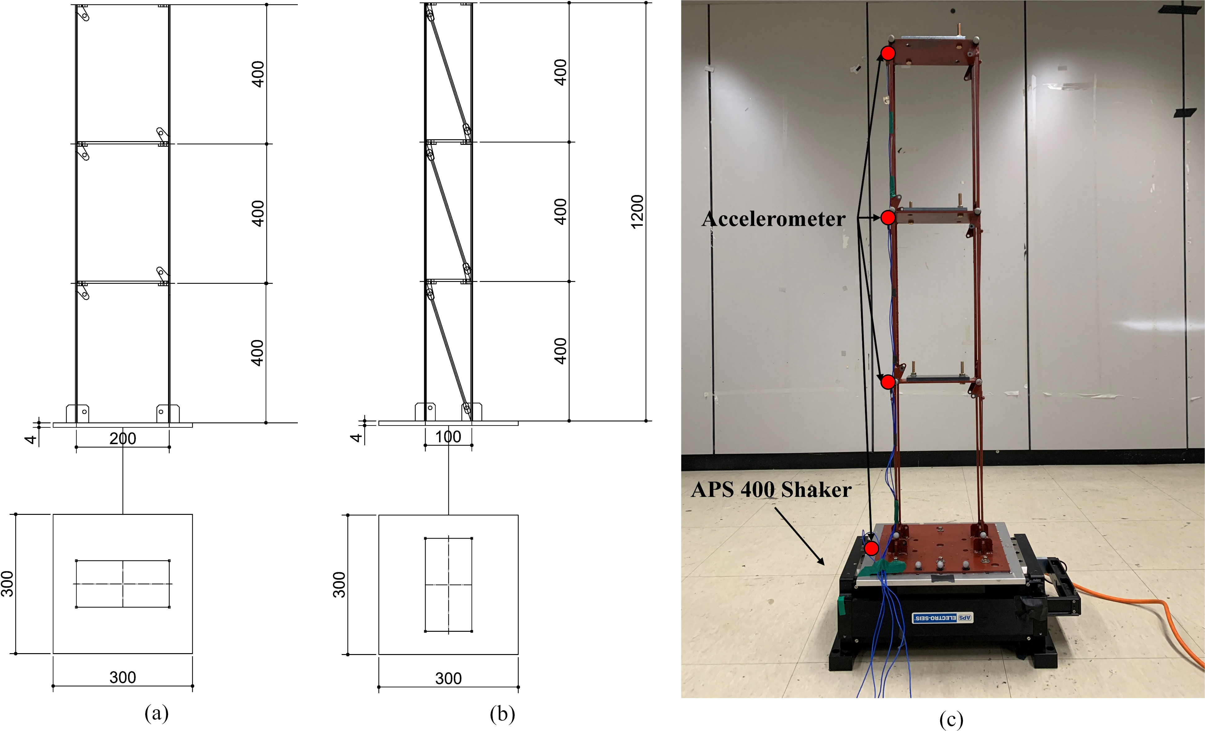 Steel-frame structure model design: (a) Front view, (b) Side view, (c) Experiment model.