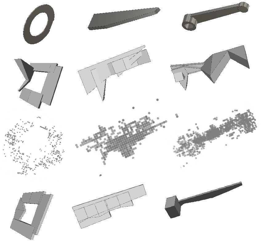 Qualitative results of our method, RL-based baseline [1] and GAN-based baseline [22] on Fusion 360 Gallery dataset. The first row shows the target images. The second row and the third row show the mesh results of RL-based baseline and the voxel results of GAN-based baseline separately. The last row is our mesh results.