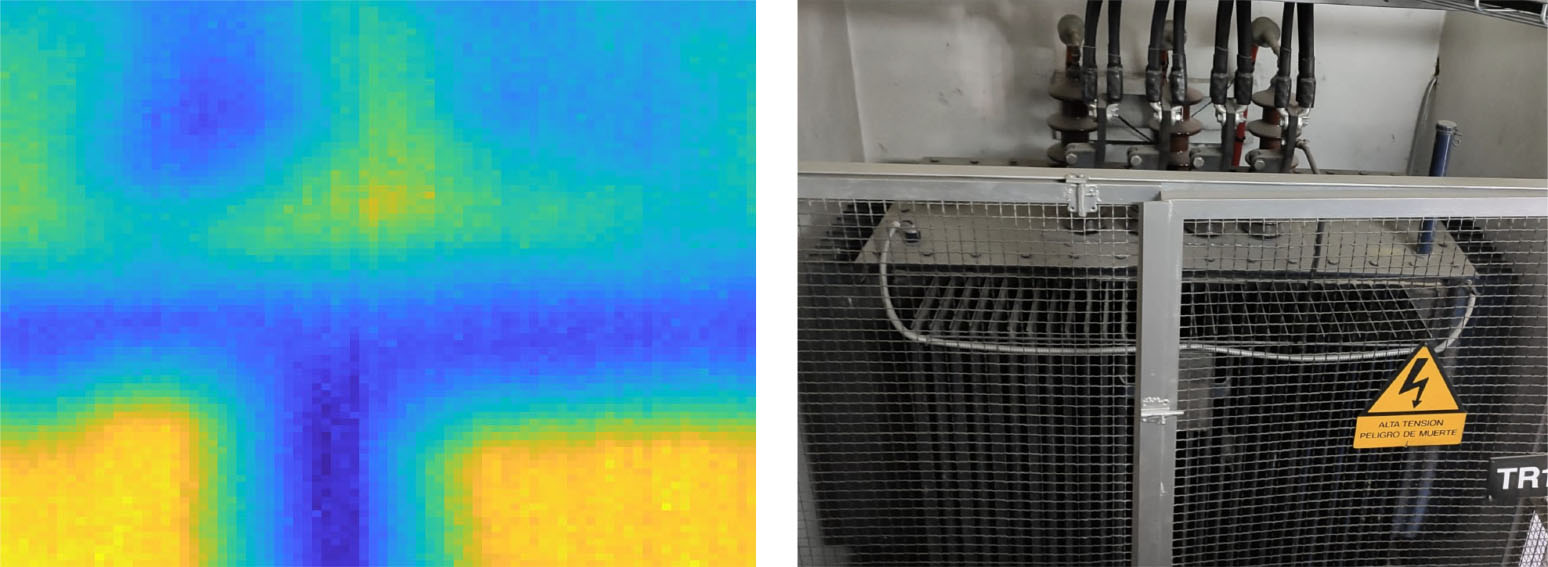 Thermal image (left) and visible image (right) of a power transformer currently serving a residential area in southern Spain. Note that both images were acquired with different cameras as thermal camera used in this work only provide thermal images.