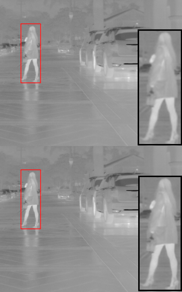 Super resolution applied on thermal images. Top: bicubic interpolation. Bottom: SR × 2.
