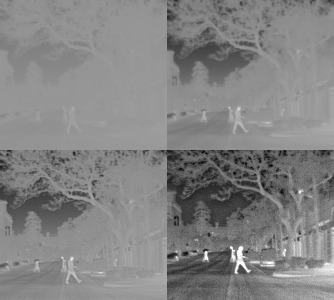 Top left: 14 bits RAW image, top right: the proposed normalization, bottom left: the proposed normalization and unsharp masking, bottom right: FLIR enhanced image.