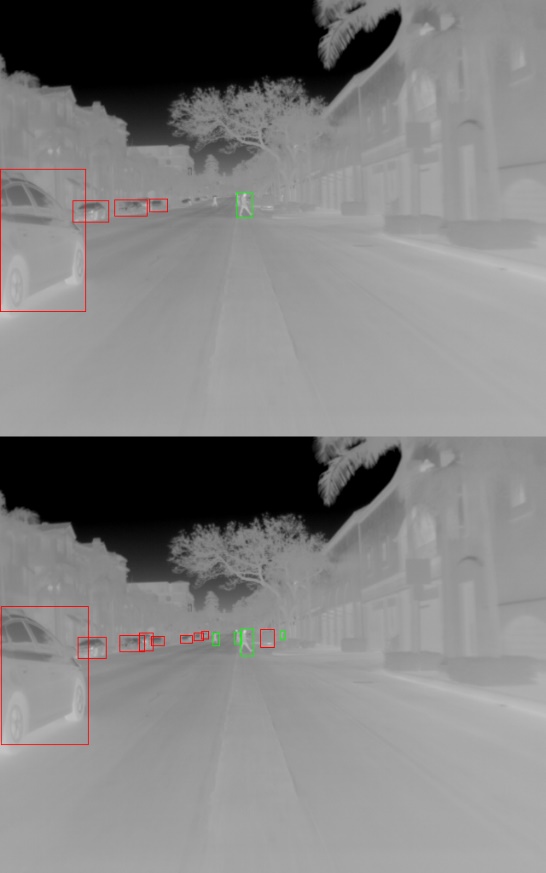Comparison between FLIR annotation (top) and the new one (bottom). Red boxes are labeled cars, Green boxes are labeled pedestrians.