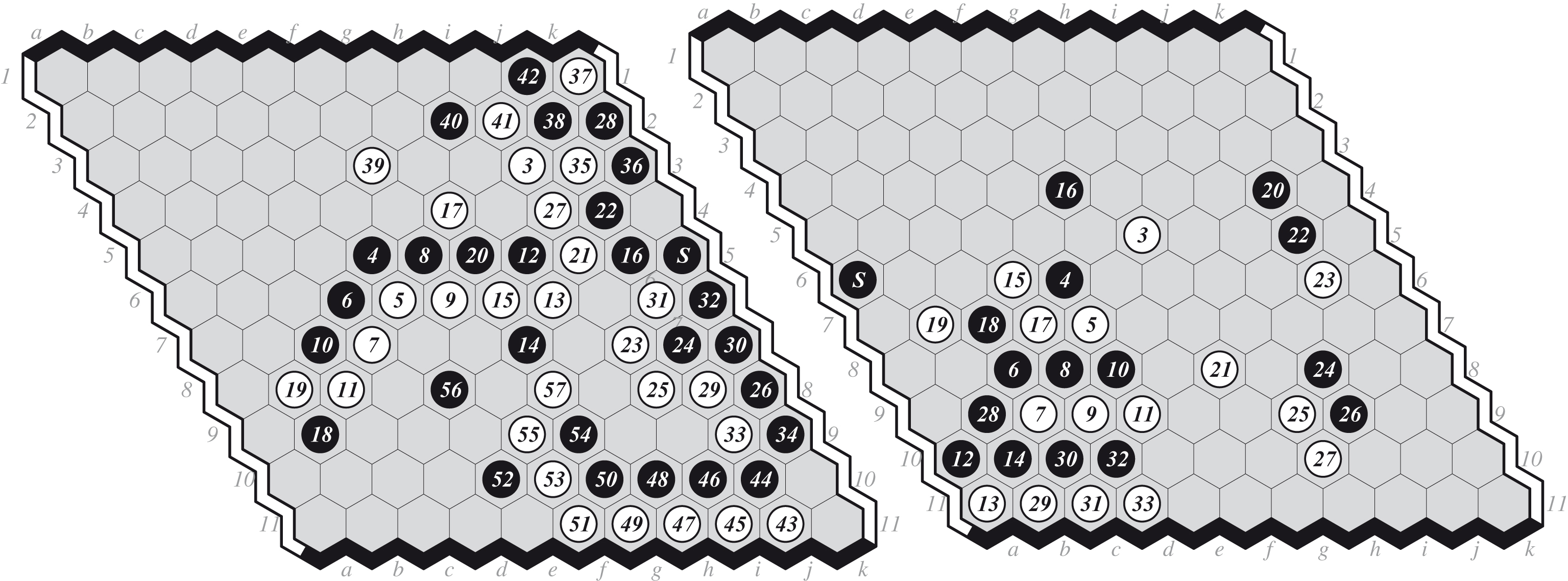 (a) Game 5: EZO-DEEPHEX 0-1, and (b) Game 9: MOHEX-DEEPHEX 1-0.