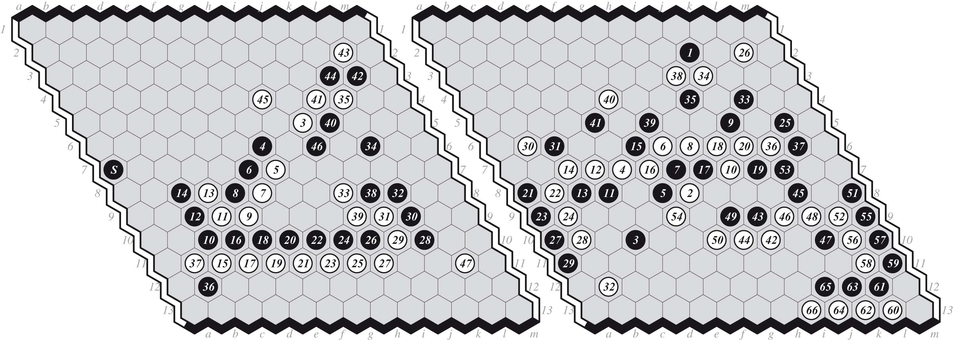 (a) Game 3: MOHEX-DEEPHEX 1-0, and (b) Game 6: DEEPHEX-MOHEX 1-0.