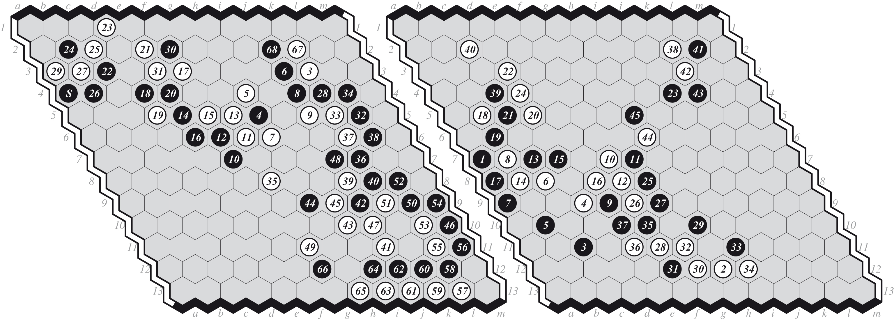 (a) Game 11: EZO-DEEPHEX 0-1, and (b) Playoff Game 1: MOHEX-DEEPHEX 1-0.