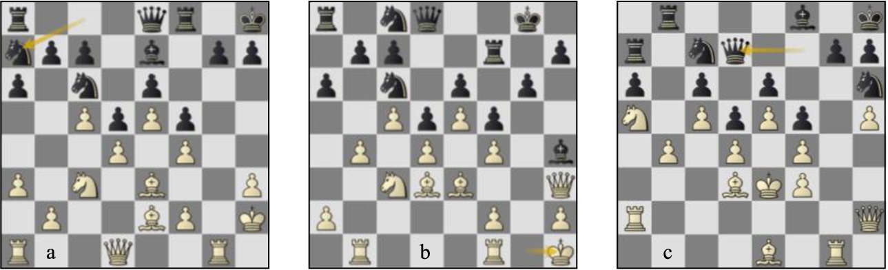 (a) Game 60 St-Lc p19w: (b) Nielsen-Savko (EU-ch U18 Vejen 1993) p18b: (c) game 60 St-Lc p143w.