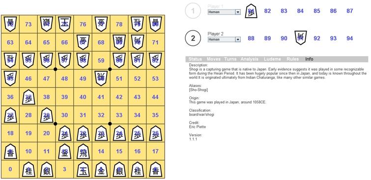 Shogi being played in Ludii’s user interface. The game board is on the left-hand side, and each player has a “hand” with seven slots to hold captured pieces on the right-hand side. Figure 5 shows how the numbered positions get mapped to positions in a tensor.