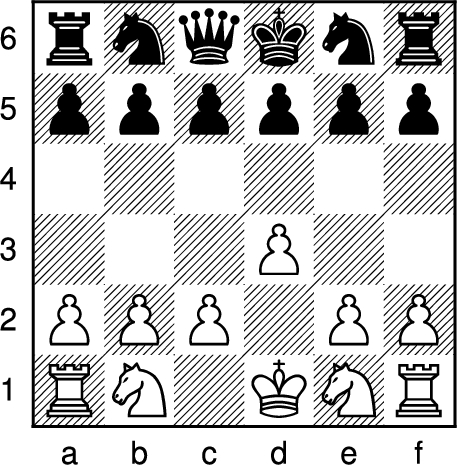 Los Alamos chess game 2 after P-K3, with black to move and win in 21 moves.