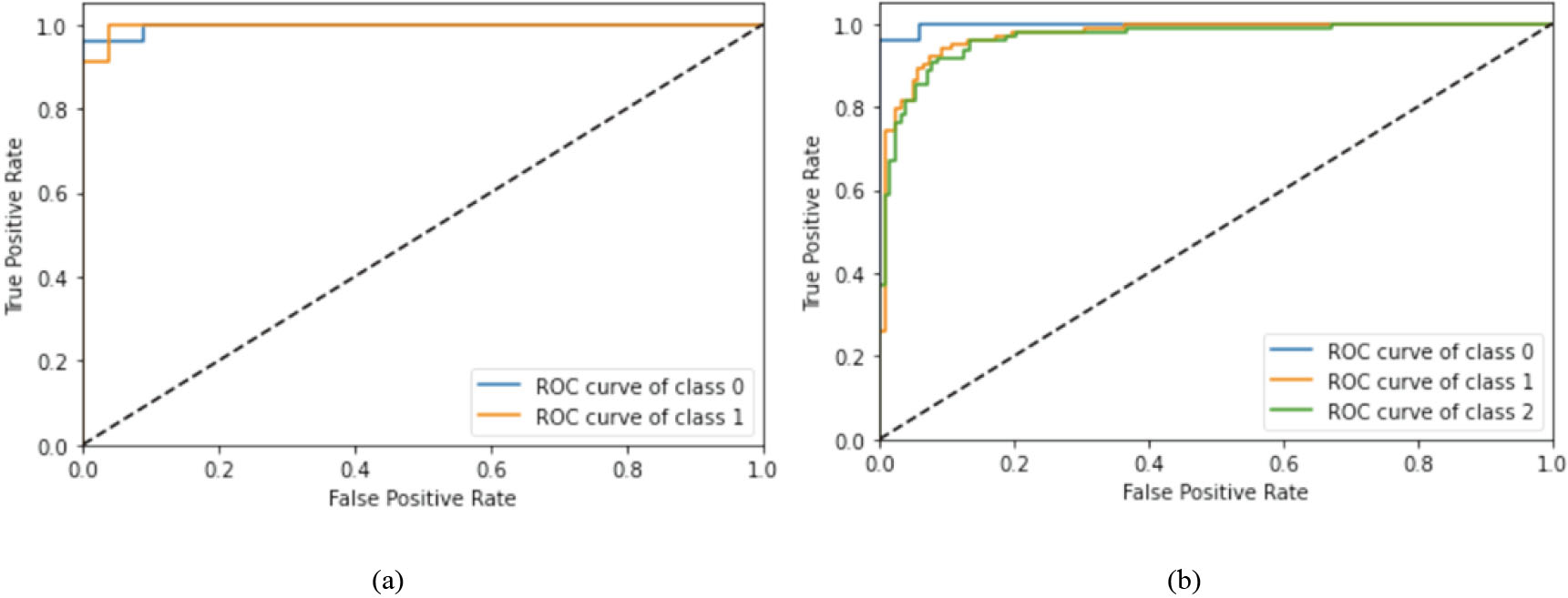 ROC curve: (a) Binary classification, (b) multiclass classification.