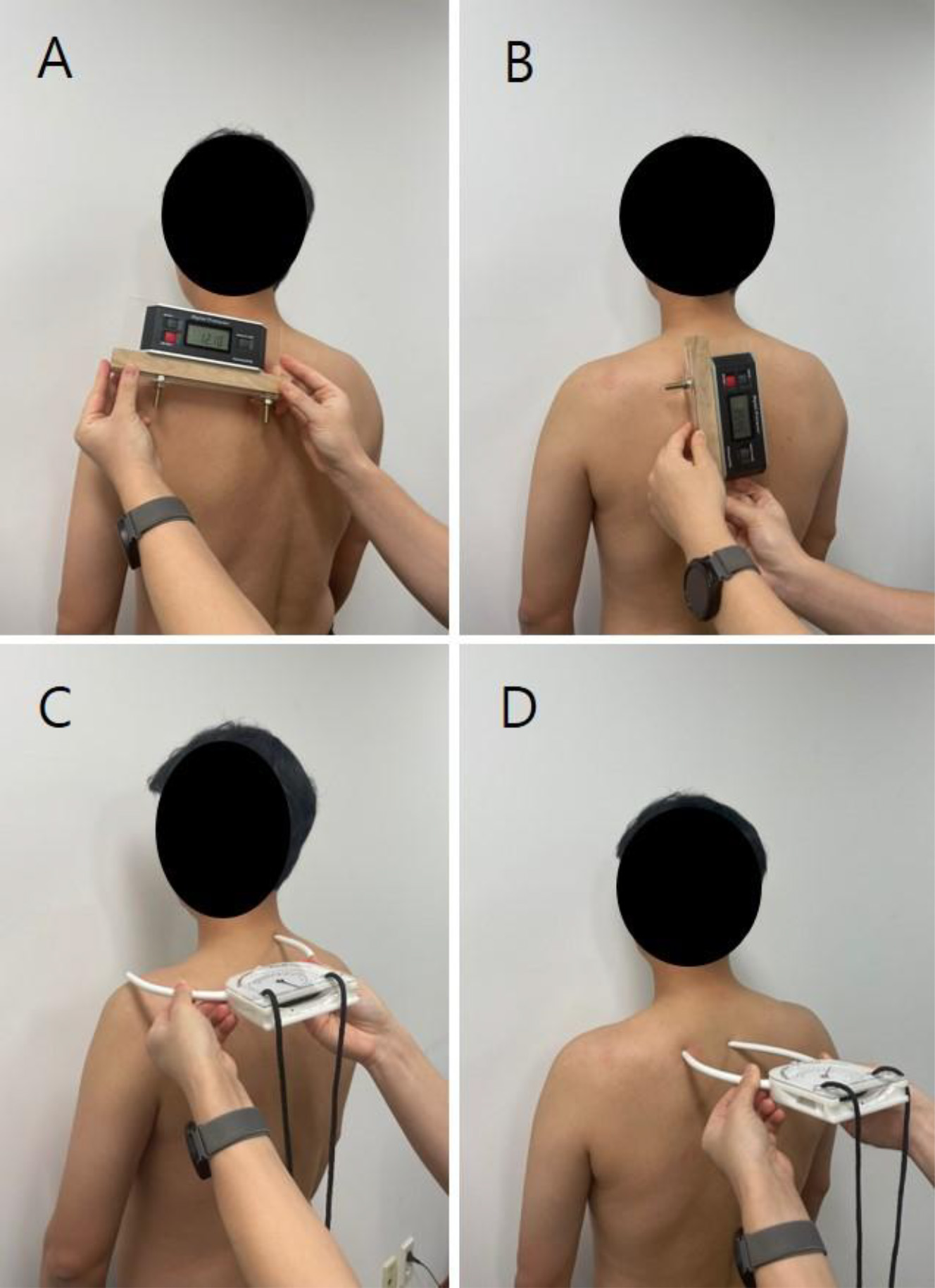 Scapula position tests: upward rotation (A), anterior tilt (B), depression (C), protraction (D).