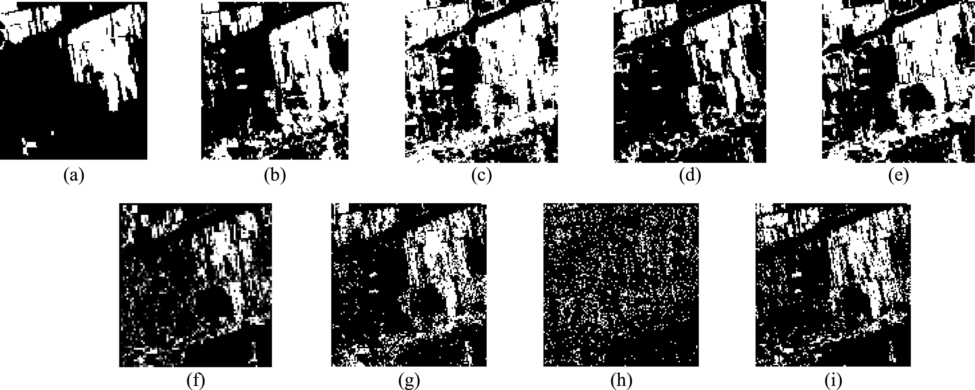 Classification results of the second dataset with different methods. (a) Ground truth;
 (b) Mahal Dist; (c) Parallel; (d) Max Likeli; (e) Mini Diste; (f) SVM; (g) Adaboost_FAM (spectrum); (h) Adaboost_FAM
 (texture); and (i) Adaboost_FAM (spectrum + texture).