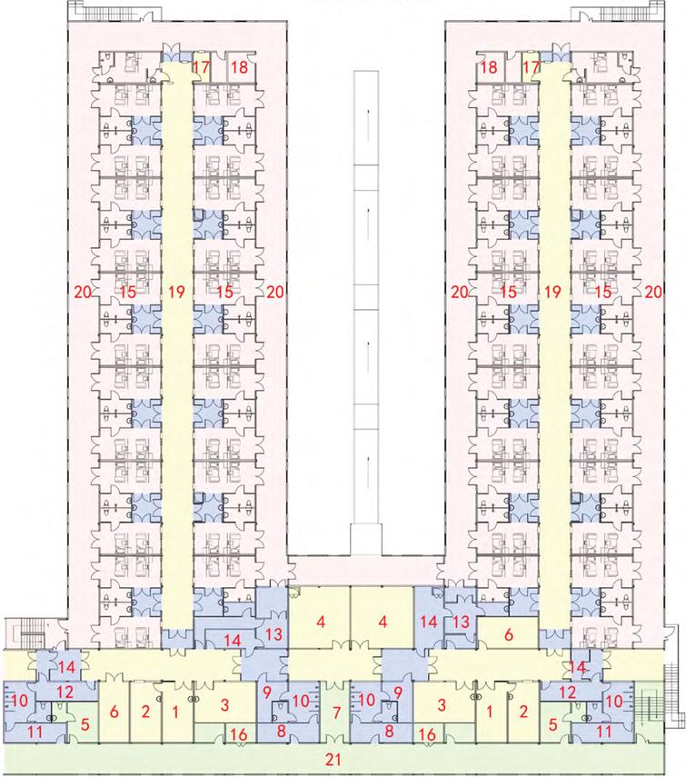 Standard unit of ward building 2 of Huoshenshan hospital (1 Nurse station; 2 Dispensing room; 3 Health care office; 4 Supplies storeroom; 5 Health care lounge; 6 Medicine library; 7 Passing room; 8 First changing room (male); 9 Second changing room (male); 10 Shower room; 11 First changing room (female); 12 Second changing room (female); 13 Take off isolation gown; 14 Take off protective suit; 15 Wards; 16 Electrical room; 17 Nurses’ office; 18 Boiling water; 19 Semi-contaminated passage; 20 Contaminated passage; 21 Clean passage).