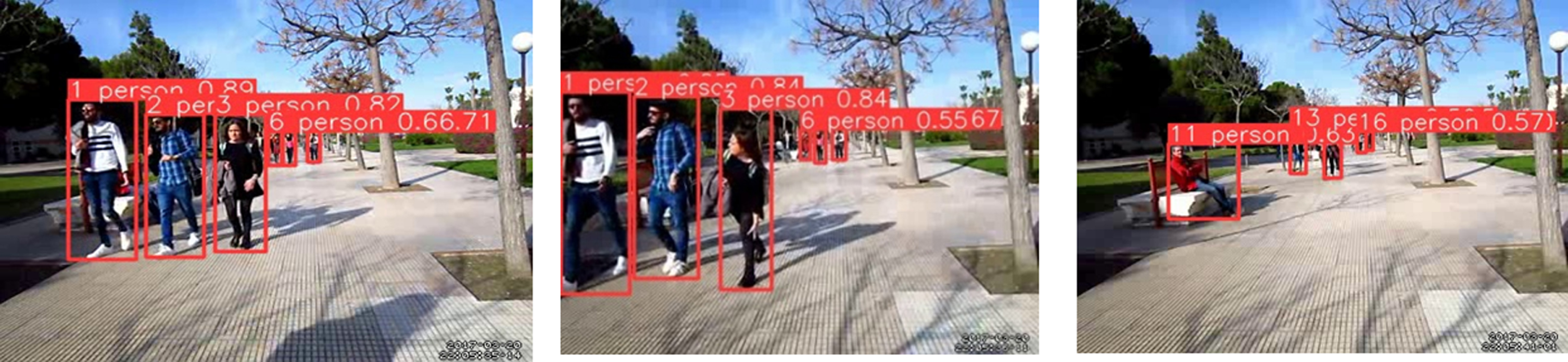Results of pedestrian detection using YOLOv5 on three frames taken from the video dataset.