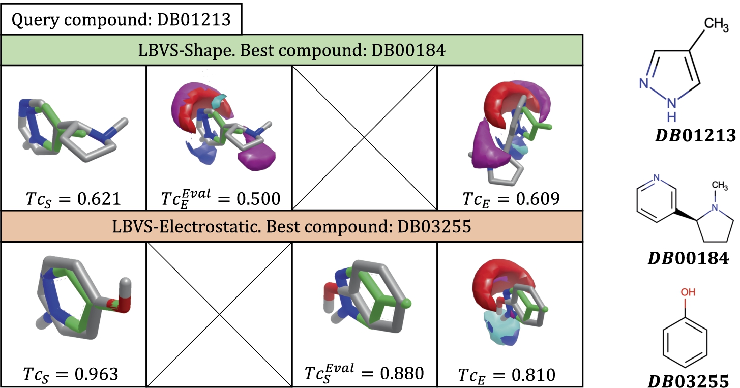 Summary of results of LBVS-Shape and LBVS-Electrostatic where 
Query=DB01213. The Query compound is coloured green. Query electrostatic fields are coloured deep blue and red. Best compounds are shown in grey and their electrostatic potential fields, in light blue and pink.