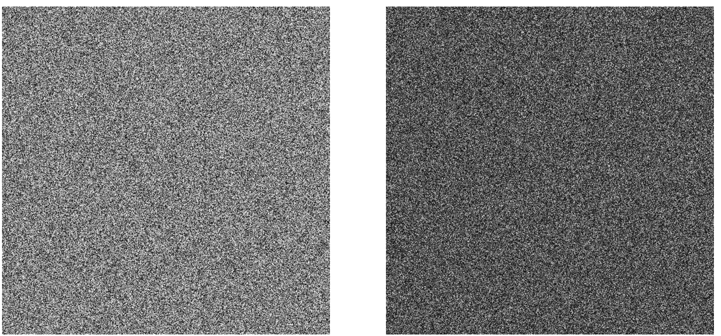 Bitwise xor between cipher-images 
C1 and 
C2 corresponding to Lena with 
K1 and 
K2. Left: 
K2 differs from 
K1 by 
10−14 in one component of the initial condition of the 4D cat map. Right: 
K2 differs from 
K1 in the least significant bit of one control parameter of the 4D cat map.