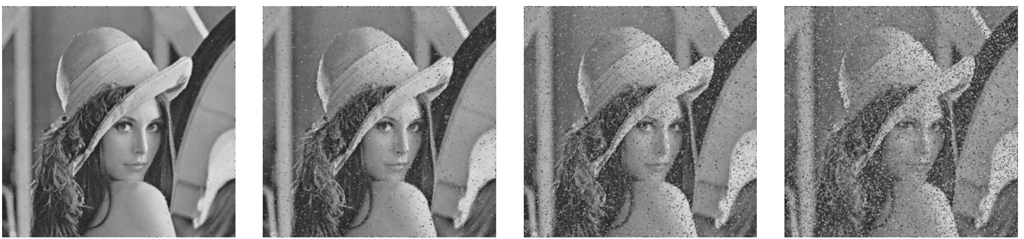 The reconstructed plain-image Lena resulting from subjecting its corresponding cipher-image to a 
1%, 
2%, 
3% and 
4% salt and pepper noise.