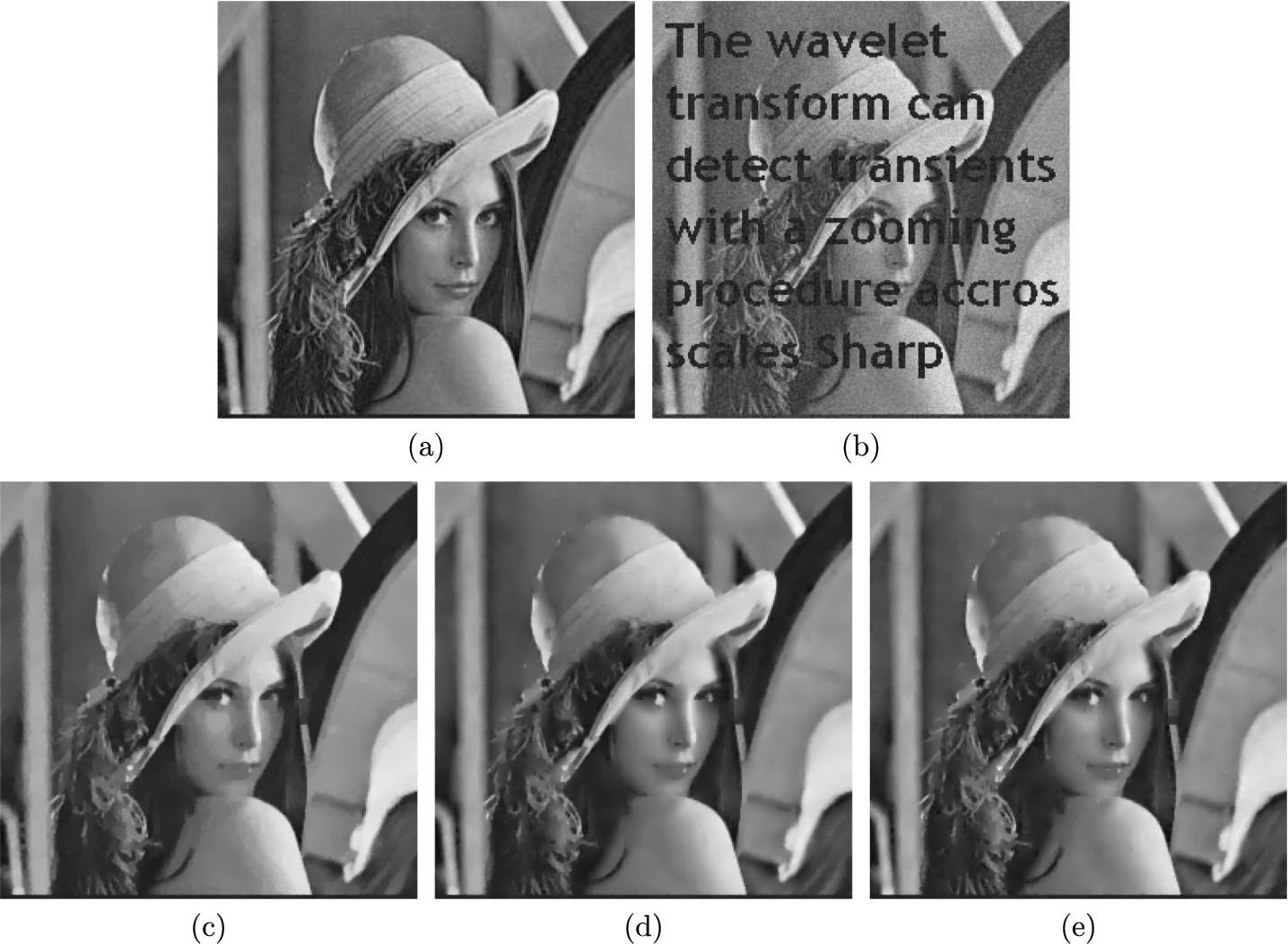 Inpainting results obtained by using three different models. (a) original image, (b) damaged noisy image with Gaussian noise (
σ=10), (c) TV model, (d) TGV model, (e) our scheme.