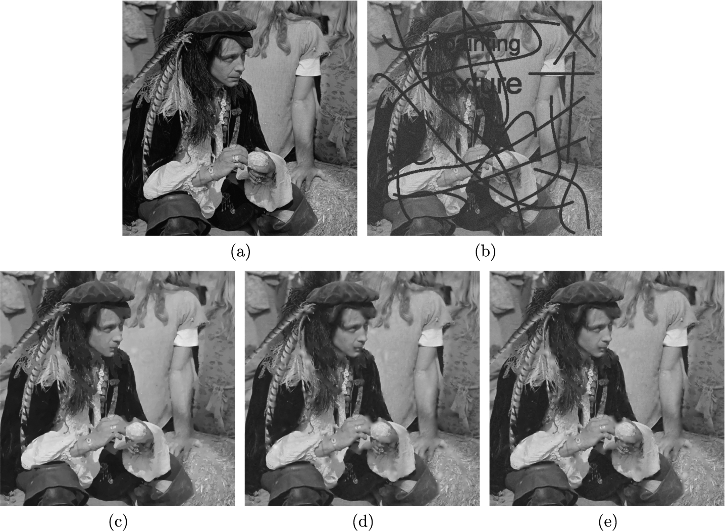 Inpainting results obtained by using three different models. (a) original image, (b) damaged noisy image with Gaussian noise (
σ=15), (c) TV model, (d) TGV model, (e) our scheme.