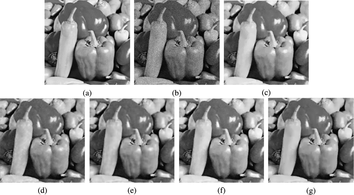 Restoration results for the image Peppers (P=90) by using five methods. (a) original image, (b) noisy image, (c) TV, (d) FOTV, (e) HOTV, (f) OGS-TV, (g) our model.