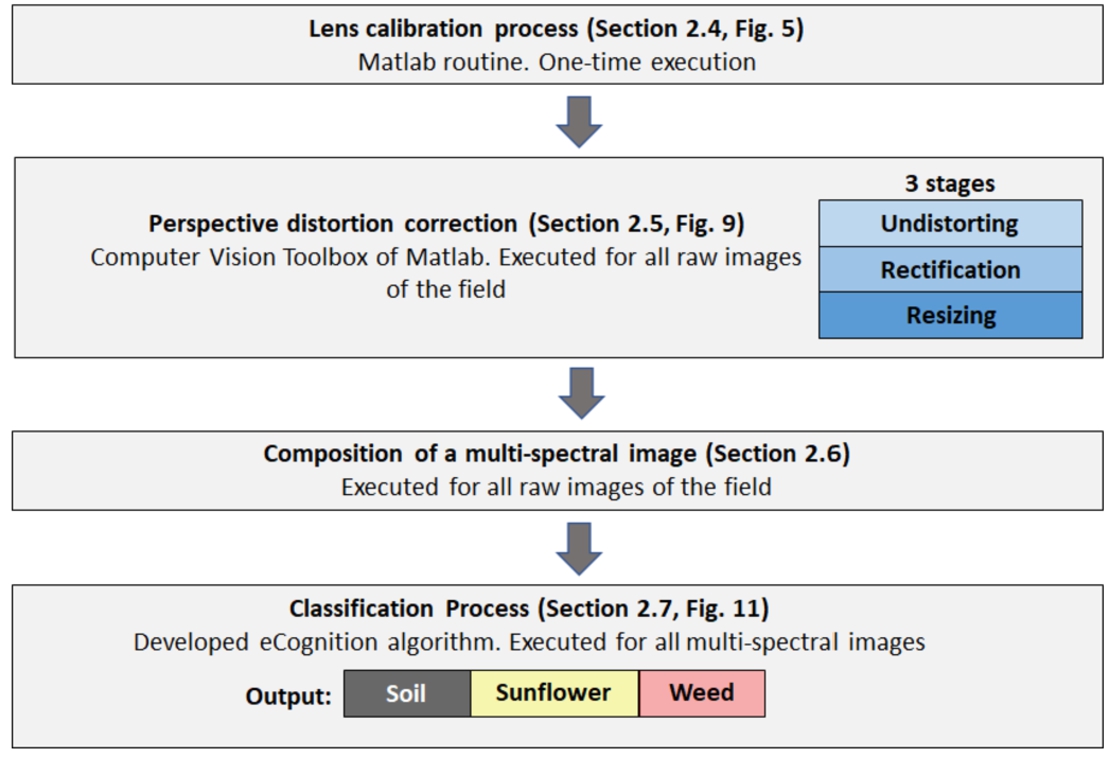 General scheme indicating the main steps to be followed in the process of weed identification using multi-spectral images.