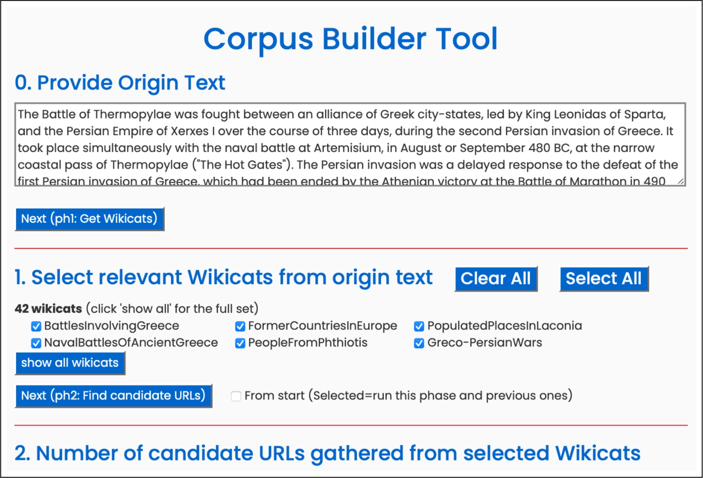 Snapshot of the corpus builder tool developed to explore and identify wikicats that are relevant in the context of the initial text T0 (available at https://github.com/gssi-uvigo/Plethora).