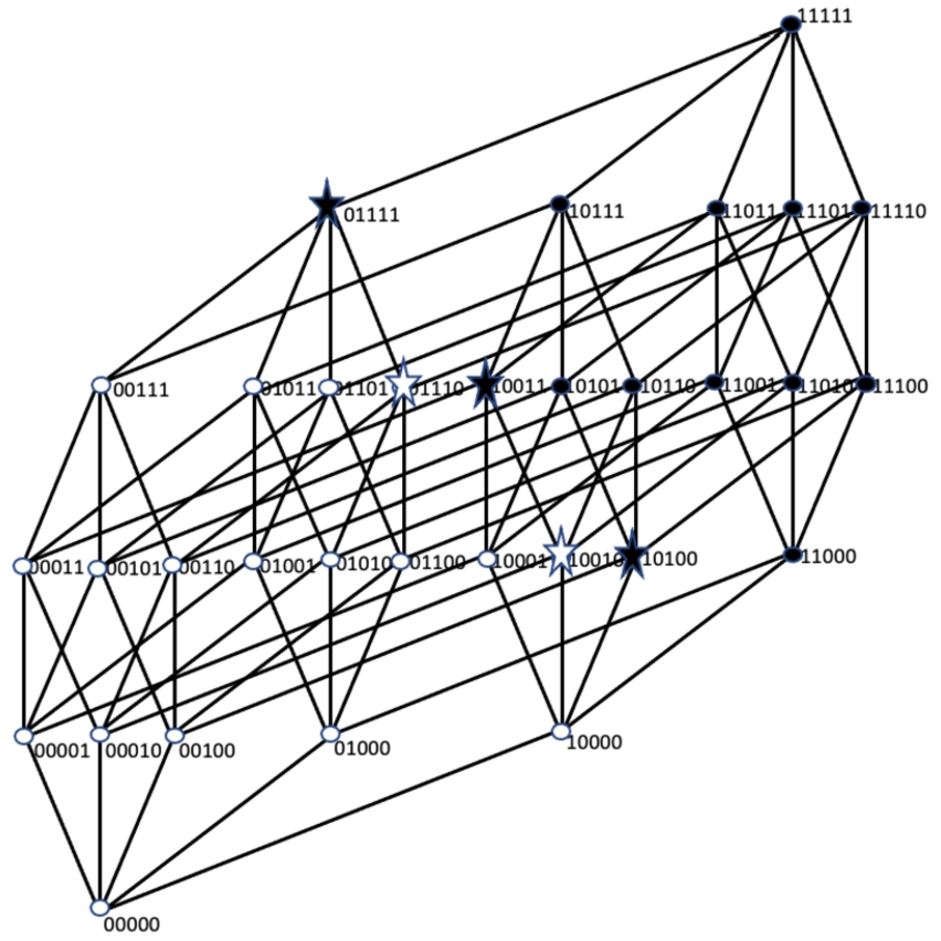 KK-MBF function on B5 with p2=2 (vertices 11000 and 10100), p3=1 (vertex 10011), and p4=1 (vertex 01111). Uncoloured vertices show zeros, and the blue vertices – units of the function. Stars indicate the corner points.