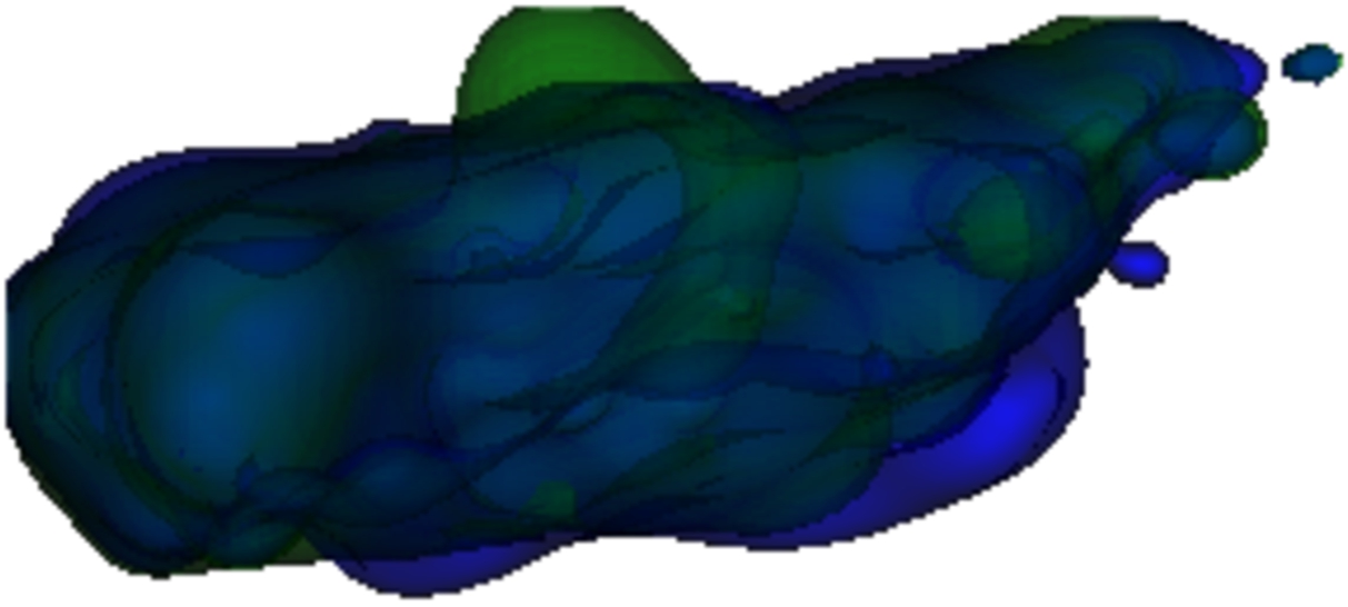 The initialisation of the simulation with the regularisation factor, where the randomly deformed green muscle should return to its initial shape in blue.