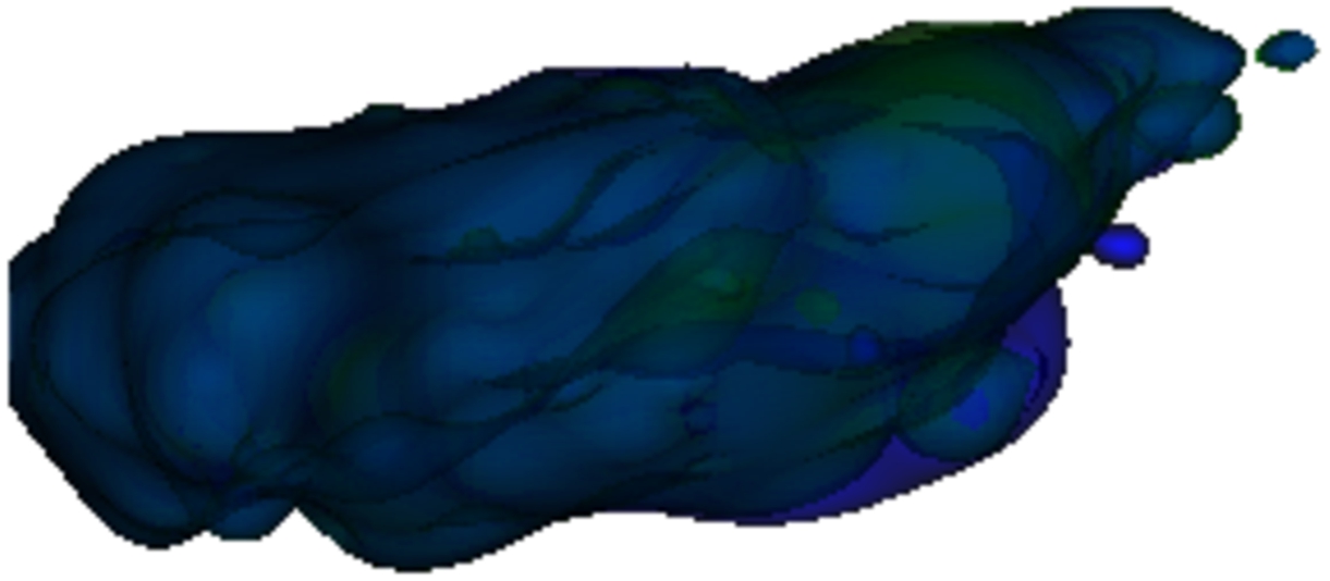 The final restoration. Excluding the minor differences in the right part of the muscle, the green shape quite accurately approximates the original blue one.