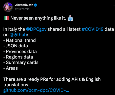 Tweet showing interest in OGD and co-creation at earliest stages of the pandemic. Source: https://twitter.com/Zizzamia/ status/1237258789973188608.
