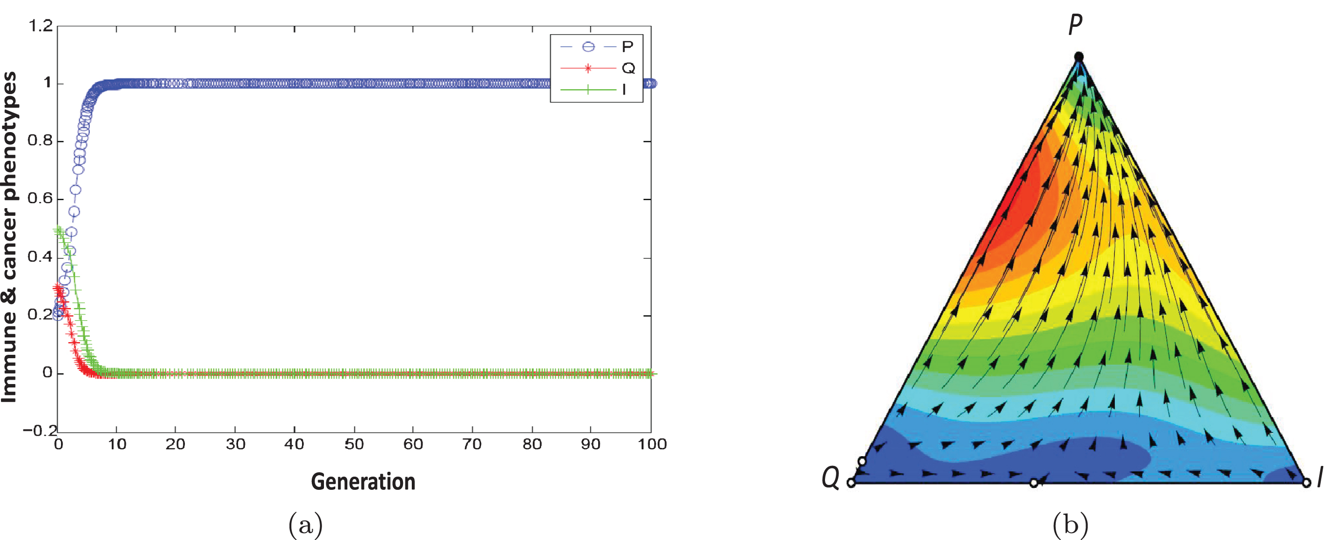 Population dynamic in the escape phase. The parameters characterising this game are a, b = 1, α = 0.9, β = 0.1, F1 = 1.5, F2 = 0.5, γ2 = 0.2, γ1 = 0, C1 = 0, C2 = 0.2 ..