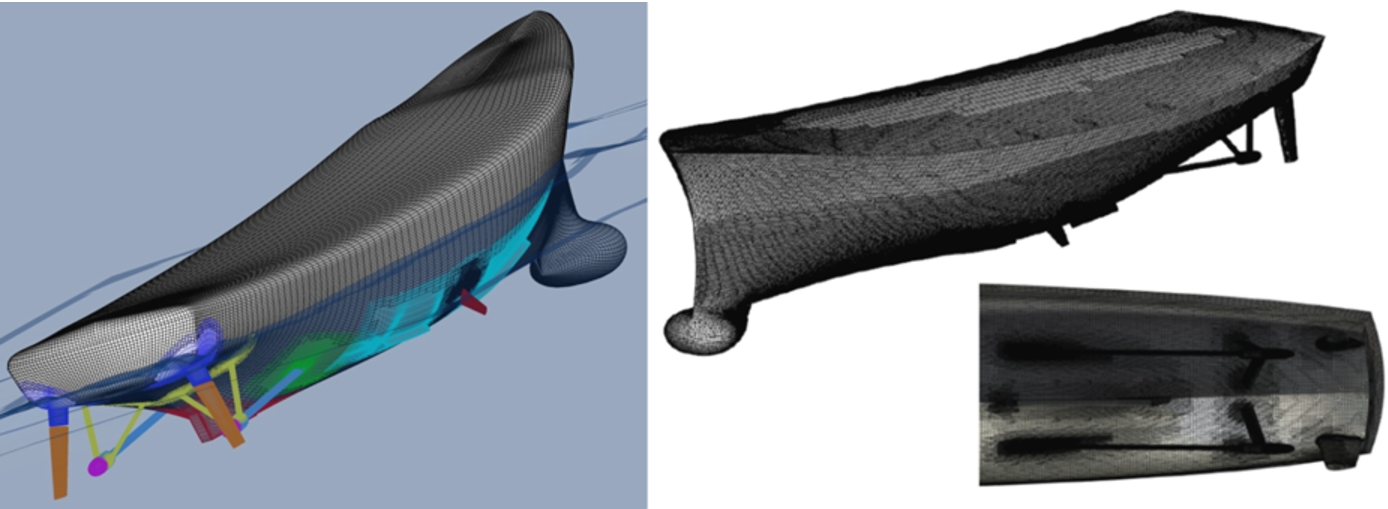 Overset grid system and instantaneous view of the free surface for CFDShip-Iowa (left) and unstructured grid system for ISIS-CFD (right).