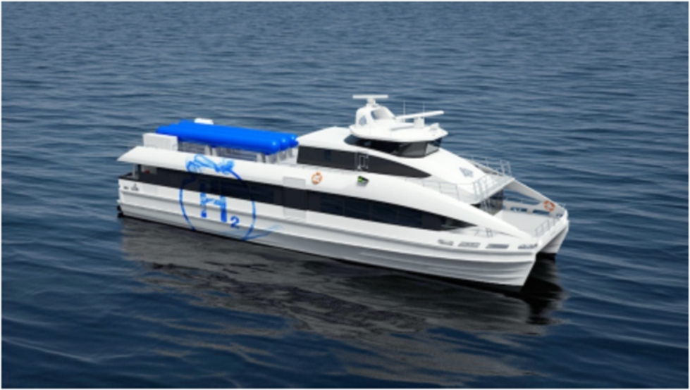 Illustration of a concept design (GKP7H2) of a hydrogen and fuel cell driven high speed passenger ferry [20].