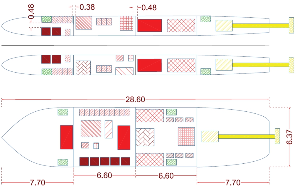 An example of intra-hull interface layout for the larger variant arranged for a catamaran and a monohull. Red slots represent engine & transmission, green represents control systems and yellow represents propulsion components.