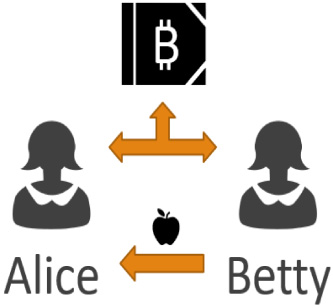 In Bitcoin and other shared ledgers, there are no coins to give in exchange for the apple.