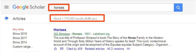 Screenshot from Google Scholar, retrieved February 7, 2019 from https://scholar.google.com/scholar?hl=en&as_sdt=0%2C32&q=horses&btnG=. Screenshot by author. Google and the Google logo are registered trademarks of Google LLC, used with permission per https://www.google.com/permissions/products/.