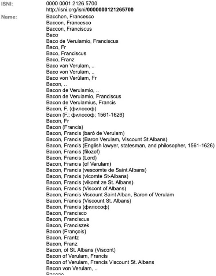 Francis Bacon’s ISNI record, complete with names of people who are known or supposed to have a connection with him.