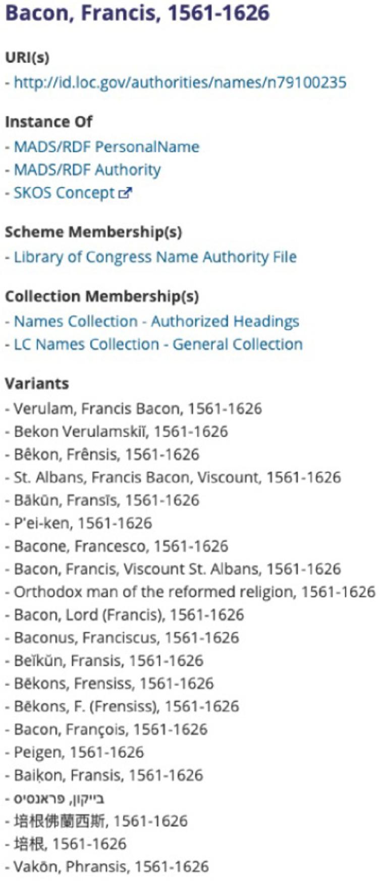 Francis Bacon’s Library of Congress Name Authority record, complete with links to authoritative forms of his name in other schemas.