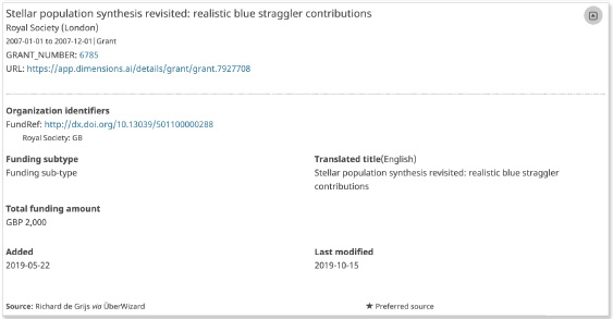Example of a funding item added to the ORCID iD https://orcid.org/0000-0002-7203-5996.