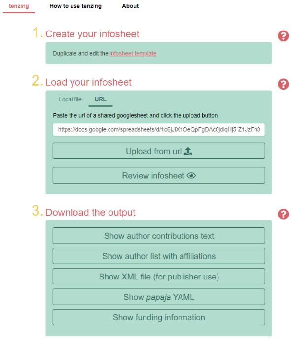 A screenshot of the tenzing app. In the second step, users can choose between uploading a local file or pasting the URL of the filled-out spreadsheet.