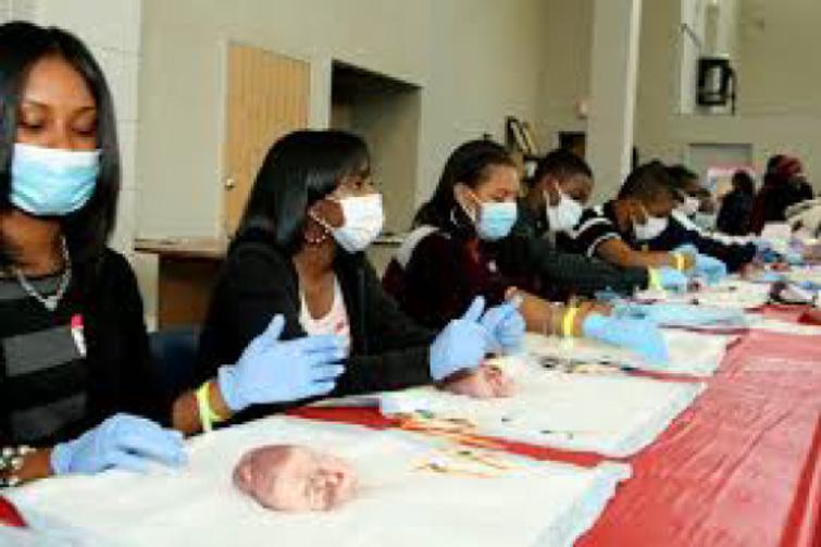 At a MIM workshop, students learn about how to dissect pig hearts, under the guidance of medical professionals.
