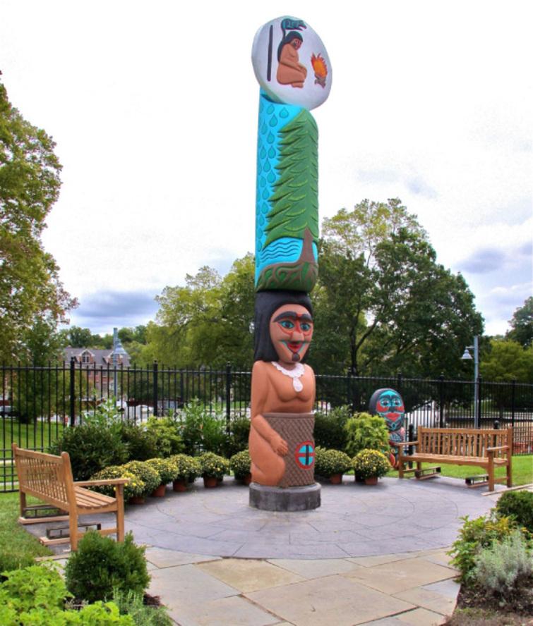 Healing totem pole installed next to the NLM Healing Garden, totem carved by a Lummi Nation carving team and traveled by truck from Washington State across the country to Bethesda, MD, 2011.