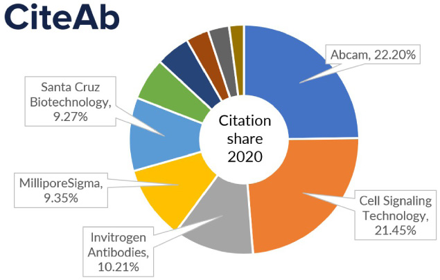 Antibody supplier share (for the top ten suppliers) in 2020, demonstrating insights that can be provided to reagent suppliers from CiteAb citation data [6].