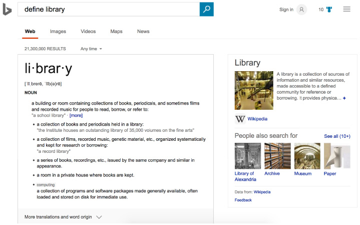 Bing Knowledge Panel showing limited understanding of library as a concept.