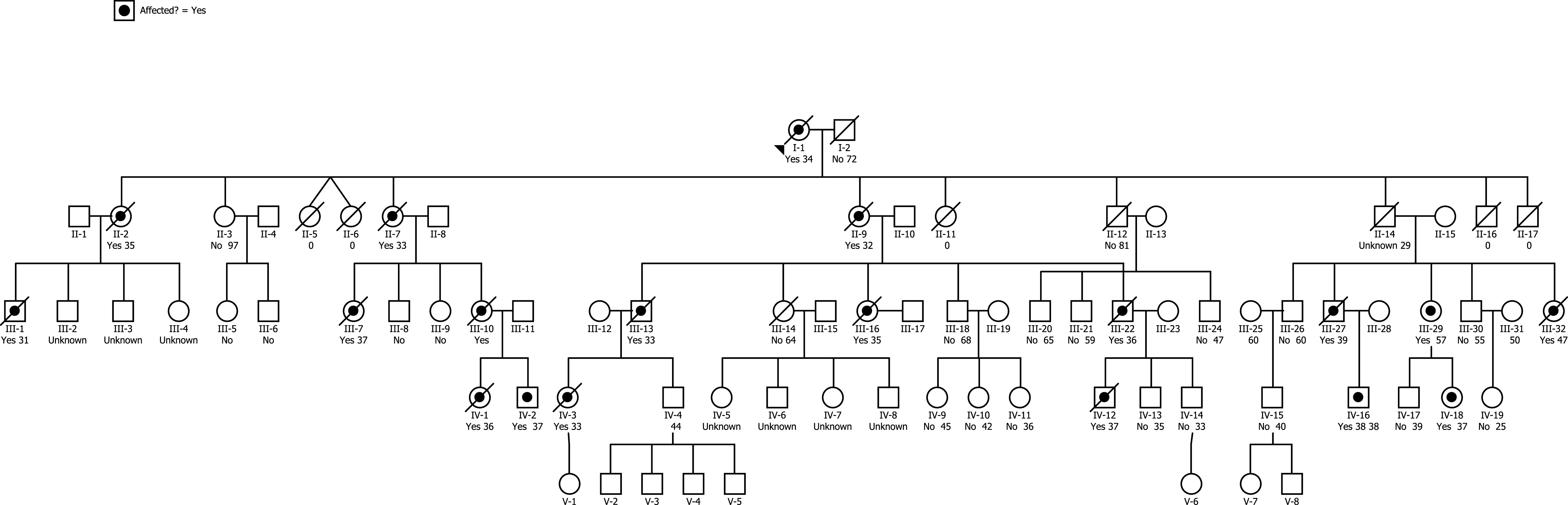 Pedigree of early-onset dementia family. Bulleted symbols represent patients with early-onset dementia. Open symbols represent patients with either clinically normal or unknown phenotype. For deceased patients, age at the time of death is given. For living patients, age at time of the pedigree construction is shown.