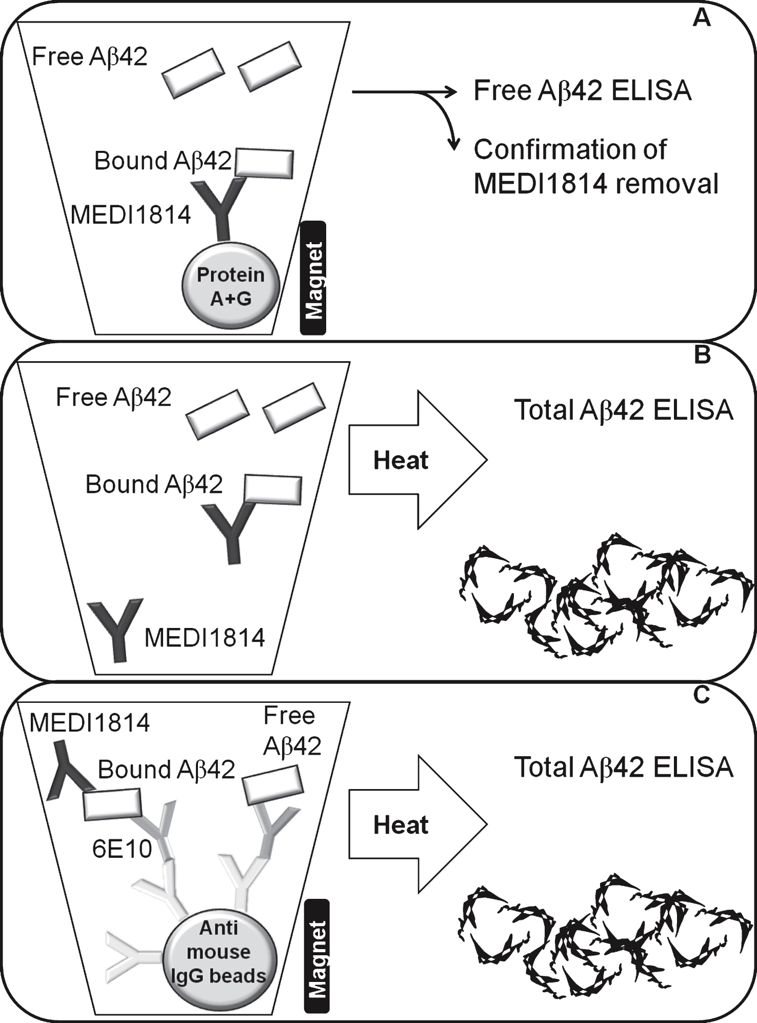A schematic illustration of the assay set up to measure free Aβ42 in CSF (A), total Aβ42 in CSF (B), and total Aβ42 in plasma (C).