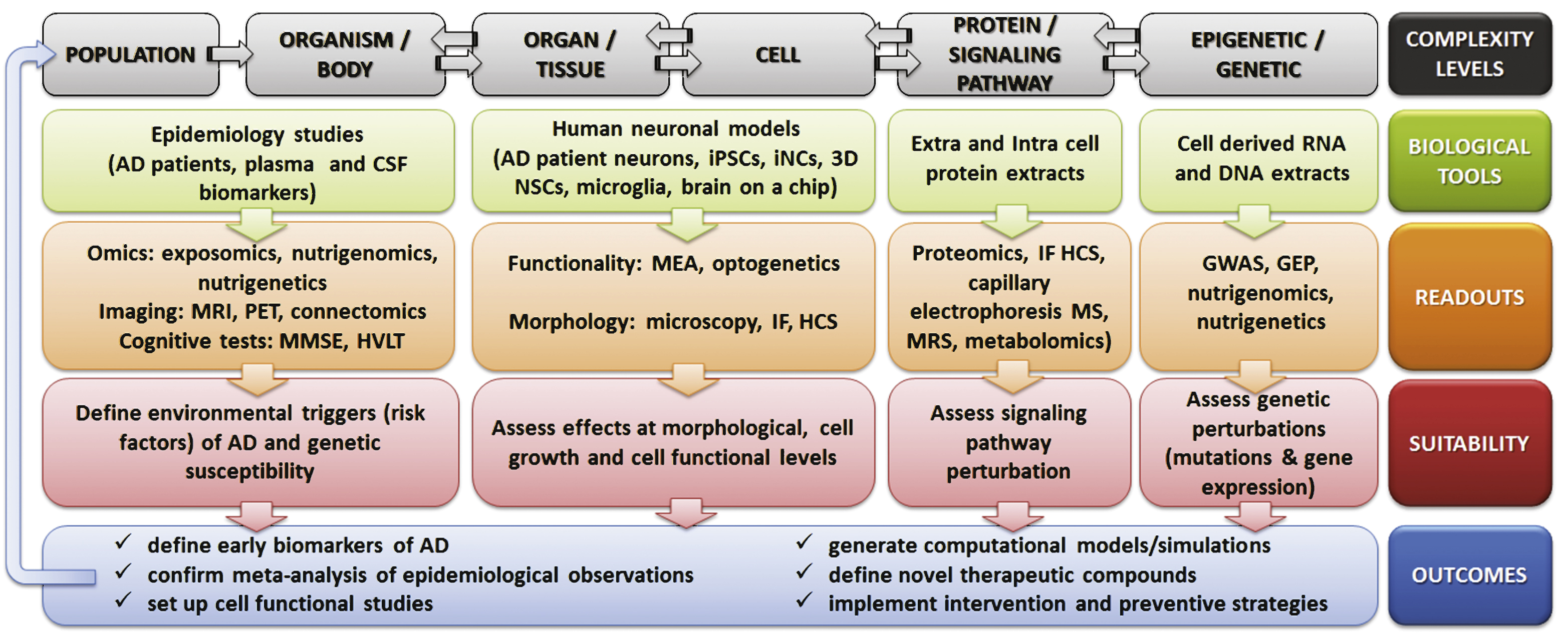 Overview of the novel available tools and readouts applicable to design human-oriented AD research, accounting for multiple levels of complexity. CSF, cerebrospinal fluid; MRI, magnetic resonance imaging; PET, positron emission tomography; MMSE, Mini-Mental State Examination; HVLT, Hopkins verbal learning test; iPSCs, induced pluripotent stem cells; iNCs, induced neuronal cells; NSCs, neural stem cells; MEA, microelectrode array; IF HCS, immunofluorescence-high content screening; MS, mass spectrometry; MRS, magnetic resonance spectroscopy; GWAS, genome-wide association studies; GEP, gene expression profiling.