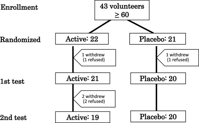 Flow diagram showing the number of elderly participants (≥60 years old) during the study. 1st test: baseline. 2nd test: 3 months after supplementation.