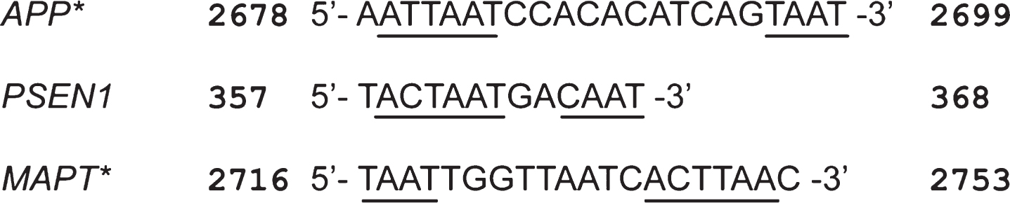 QRE (Quaking Response Element) shown within RNA sequences of APP, PSEN1, and MAPT. Numbers denote position within transcript variant 1 for each gene. For APP and PSEN1, the core QRE sequence and the half-site are shown as the first (from 5’ to 3’) and second underlined segment, respectively. The half-site is shown as the first (from 5’ to 3’) underlined segment for MAPT, and the second segment shows the core QRE sequence. Asterisks indicate that the sequence has a partial difference to the previously identified consensus sequence.